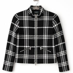 Lauren Ralph Lauren Plaid Zip Jacket Women's Medium Black White Cotton Blend